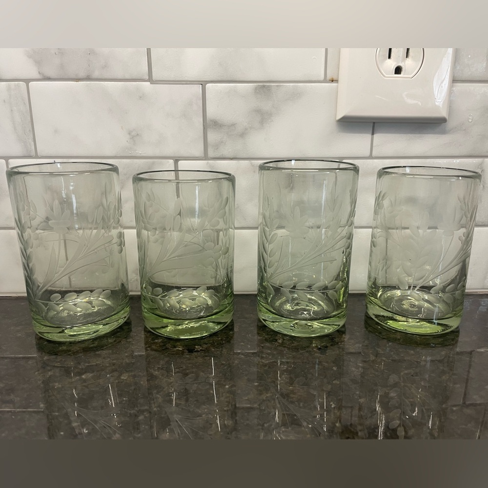 4 Magnolia Hand Blown Recycled Glass Etched Pepita Floral Tumbler Juice Glasses